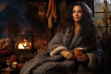 Fototapeta na wymiar Young beautiful woman by the fireplace with cup of tea or coffee.Young beautiful woman by the fireplace with cup of tea or coffee.