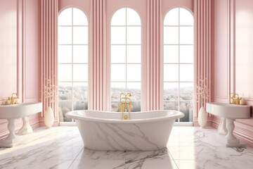 Pink bright bathroom interior design with natural stone bathtub