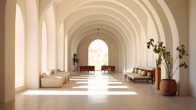 Modern colonnade showing rounded arches, low minimalist furniture, and an opening at the far end. 