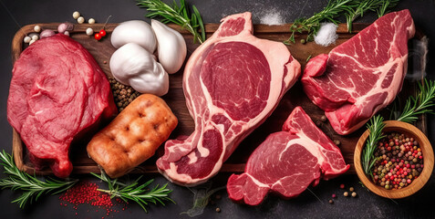 Assorted Raw Meats - Beef, Pork, Lamb, and Chicken - Set against a Dramatic Dark Setting....