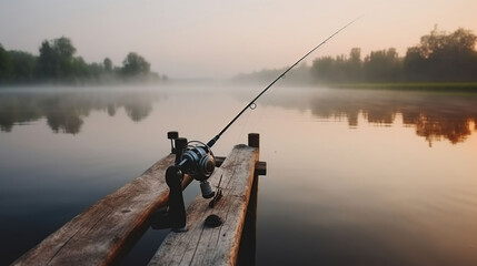 Riverside Tranquility. Fishing Rod and Spinning Reel at Sunrise by the Misty Lake. Generative AI