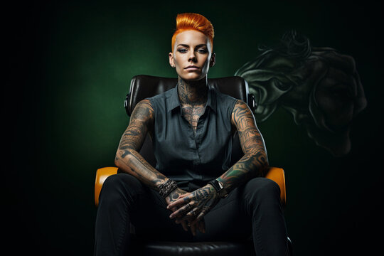 Androgynous Woman in Chair Short Hair Tattoos
