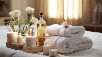 Tranquil Elegance. Towels, Herbs, and Beauty Essentials in a Spa Retreat. Generative AI