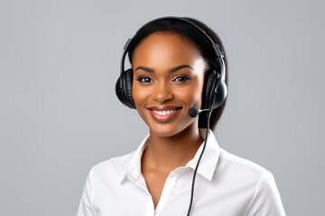 Call center young woman agent with headset working on support hotline in modern office - obrazy, fototapety, plakaty