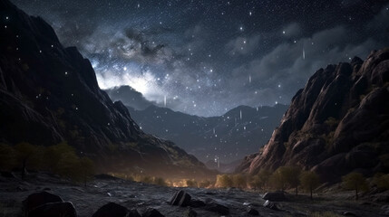 Fantastic starry sky. Autumn landscape and snow-capped peaks. Main Caucasian Ridge. Mountain View