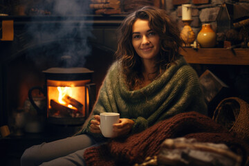 Young beautiful woman by the fireplace with cup of tea or coffee.Young beautiful woman by the fireplace with cup of tea or coffee.