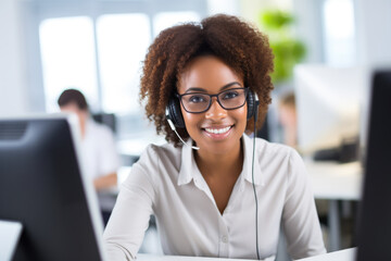 Call center young woman agent with headset working on support hotline in modern office
