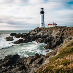 Fototapeta na wymiar View of a lighthouse on a rocky beach