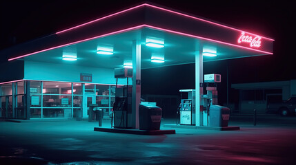Liminal 70s style gas station in night with neon lit. Generative AI