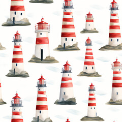Symmetrical Watercolor Lighthouse Pattern: Seamless Digital Hand-Painted Design