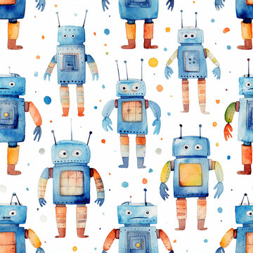Seamless Symmetrical Robot Pattern with Hand-Painted Watercolor Brushstrokes - Infinitely Repeatable Digital Artwork