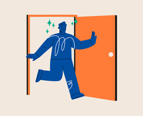 Man walking out open door. Concept of  step to success. Colorful vector illustration