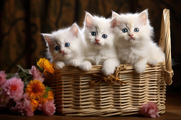 Fototapeta na wymiar White Turkish angora kittens on the blue background