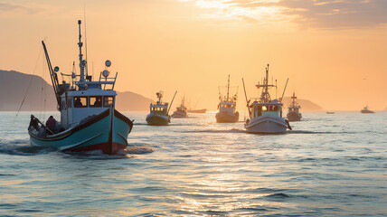 Obraz premium fishing boats setting out to sea with the beautiful sunrise in the background