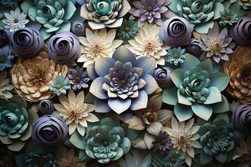 different colored paper flowers arranged together studio shades blue grey enchanted garden ceramics evanescence ash embossed paint dahlias - obrazy, fototapety, plakaty