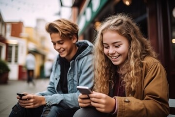 Generative AI : Teenage friends spending time together using smartphones outdoors