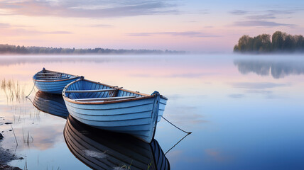 Fishing Boats Anchored on a Tranquil Lake at Dawn