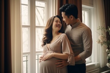 Generative AI : Adult couple expecting a baby while husband caresses the belly of his pregnant beautiful woman