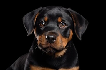 Generative AI : Cute little Rottweiler dog on blue background in studio