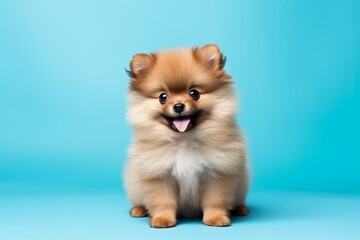 Obraz premium Generative AI : Cute little pomeranian dog on blue background in studio