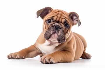 Fototapeta premium Generative AI : Cute little Bulldog dog on blue background in studio