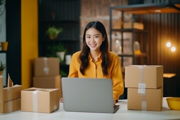 Generative AI : Startup SME small business entrepreneur SME of freelance Asian woman using a laptop with box Cheerful success Asian woman her hand lifts up online marketing packaging box and delivery 