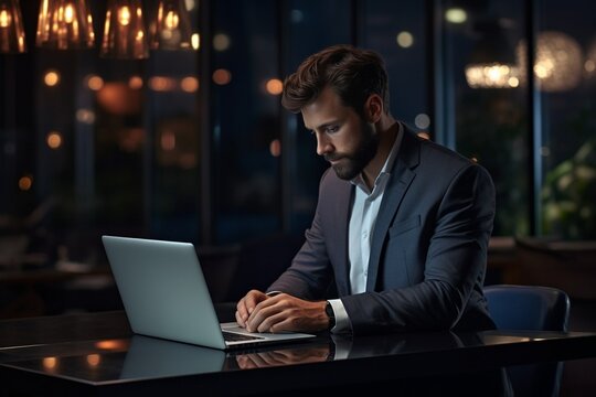 Generative AI : Serious businessman working on laptop at night in modern office.