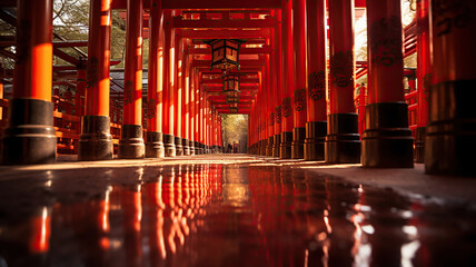 the iconic red torii gates at Shinto shrines - obrazy, fototapety, plakaty