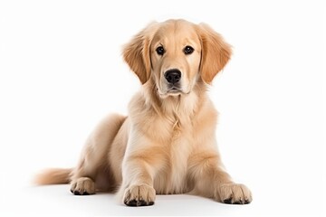 Generative AI : Cute little Golden Retriever dog on blue background in studio