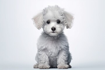 Generative AI : Cute little Poodle dog on blue background in studio