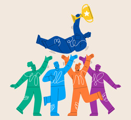 Winners team. Teamwork, friendship, cheerful group of people celebrating. Colorful vector illustration