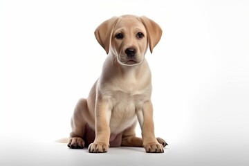 Generative AI : Cute little Labrador Retriever dog on blue background in studio