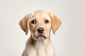 Generative AI : Cute little Labrador Retriever dog on blue background in studio