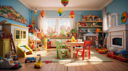 A dynamic play area adorned with a multitude of colorful toys - obrazy, fototapety, plakaty