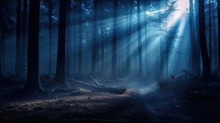 The enigmatic ambiance of a foggy forest with sunlight filtering through the trees