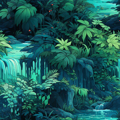 rainforest waterfalls luminous greens and blues seamless, pattern, texture, background