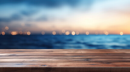 Fototapeta premium Empty wood plank table top with blur blue ocean and bokeh light. Mock up for display or montage of product. Banner or header for advertise on social media.
