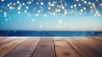 Naklejka na ściany i meble Empty wood plank table top with blur blue ocean and bokeh light. Mock up for display or montage of product. Banner or header for advertise on social media.