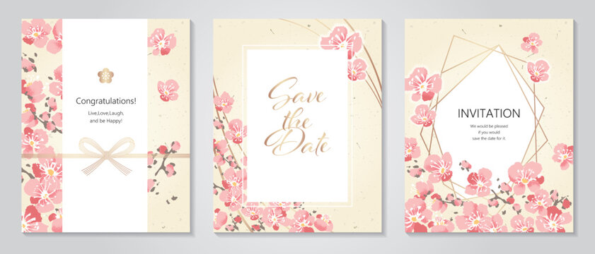 梅と和紙柄でデザインされたベクターイラストレーション、お祝いの招待状、お祝いカードセット
