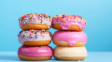 Delicious donuts on light pastel blue background.