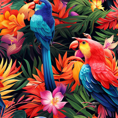 tropical birds bright plumage colors seamless, pattern, texture, background