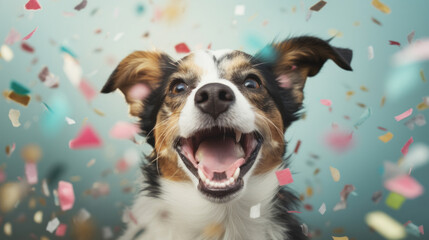 Happy dog against a blurry background with confetti