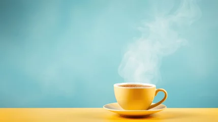 Schilderijen op glas Yellow hot cup of coffee with smoke on pastel blue background, copy space © red_orange_stock
