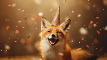 Happy fox in a birthday hat against a blurry background with confetti