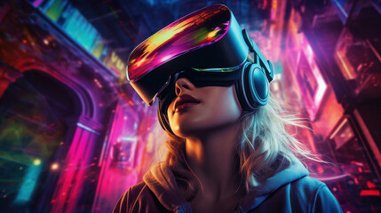 Young woman using glasses of virtual reality on dark colorful neon background