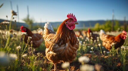 View of chicken on a farm in the morning - obrazy, fototapety, plakaty
