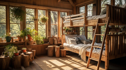 Fototapeta premium the charm of rustic wooden bunk beds in a cabin