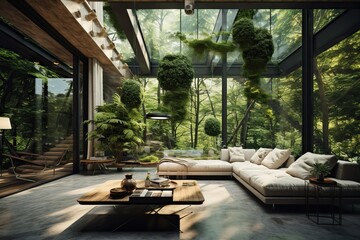 Interior Design of a Modern Villa all made of Glass through which you can see all the Exterior Vegetation.