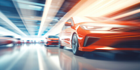 Obraz premium Blurred new cars dealership abstract backdrop.