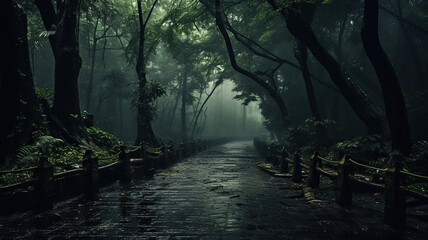 the forest walkway on a misty morning, creating a mystical atmosphere